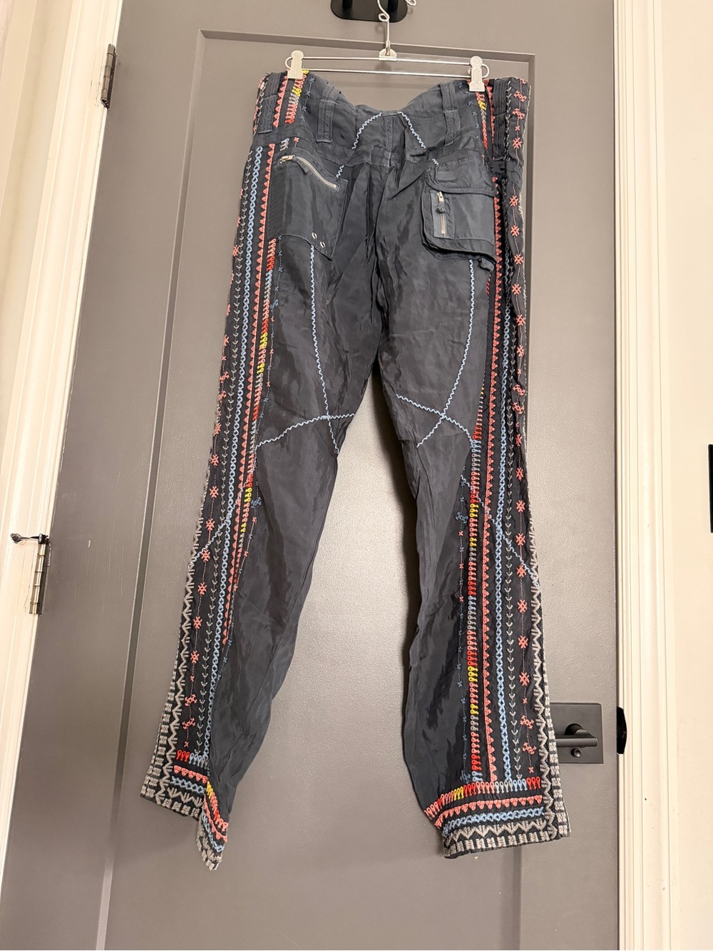 Johnny Was Black Cargo Pants with Multicolor Embroidered Stripes - Picture 7 of 10